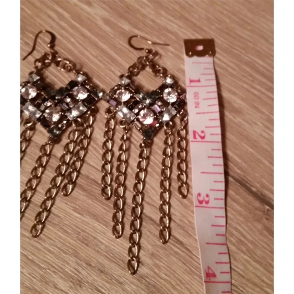 Brassy gold tone dangle drop long rhinestone and chains statement earrings